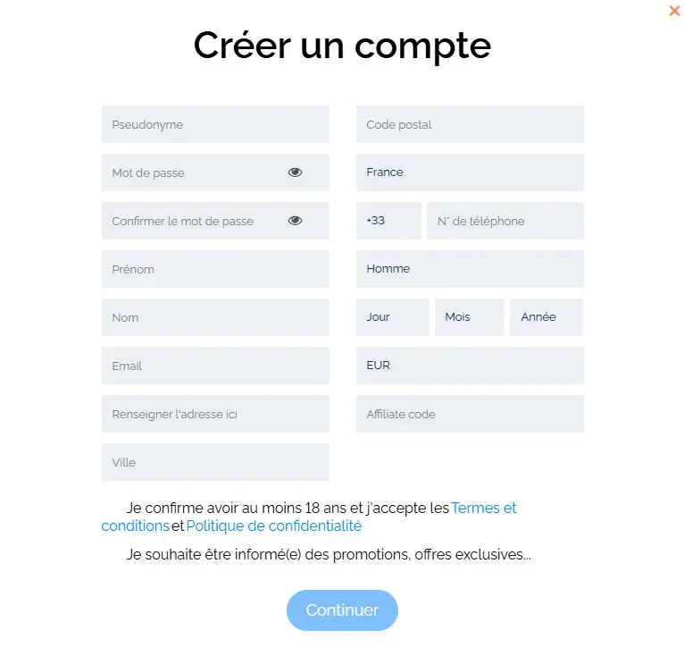 Processus d'inscription BluCasino France
